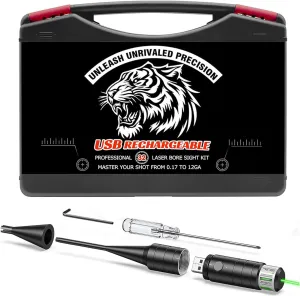 Rechargeable Laser Bore Sight Kit, Green Bore Sight Laser with 32 Adapters fit 0.17 to 12GA Calibers, Boresight Kit with Button Switch, Less Than 5mW, for All Gun Rifle Pistol