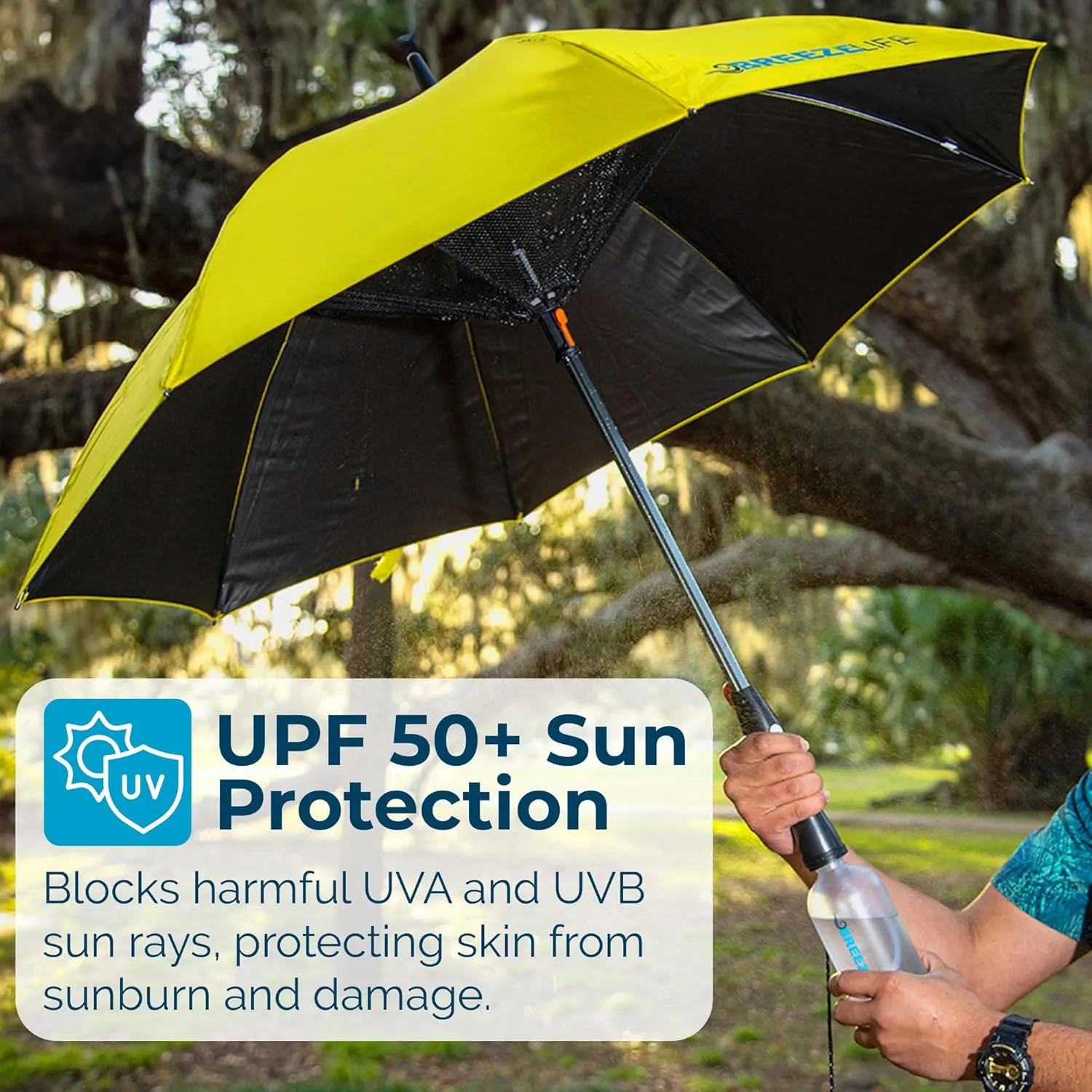 Rechargeable Mister Breeze, Sun Umbrella with Fan and Mister, Umbrella Mister with Built-in Fan, For Festivals, Beach and More, Blocks Harmful Sun Rays, Mist bottle included