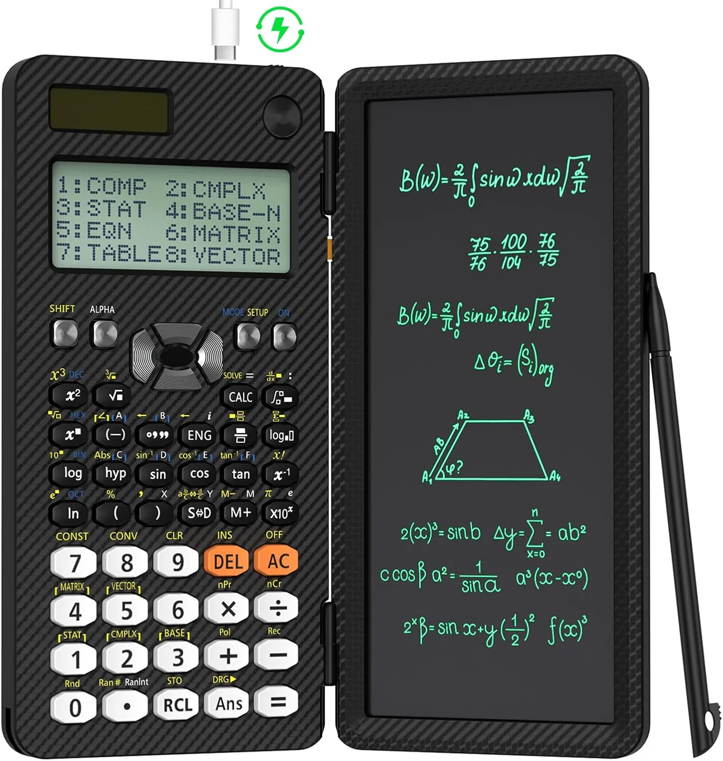 Rechargeable ROATEE 991ES MAX Scientific Calculators, CalcNote Multiview 4-Line Display with LCD Writing Tablet Notepad, Foldable Portable for Business High School College Students and Teacher(Black)