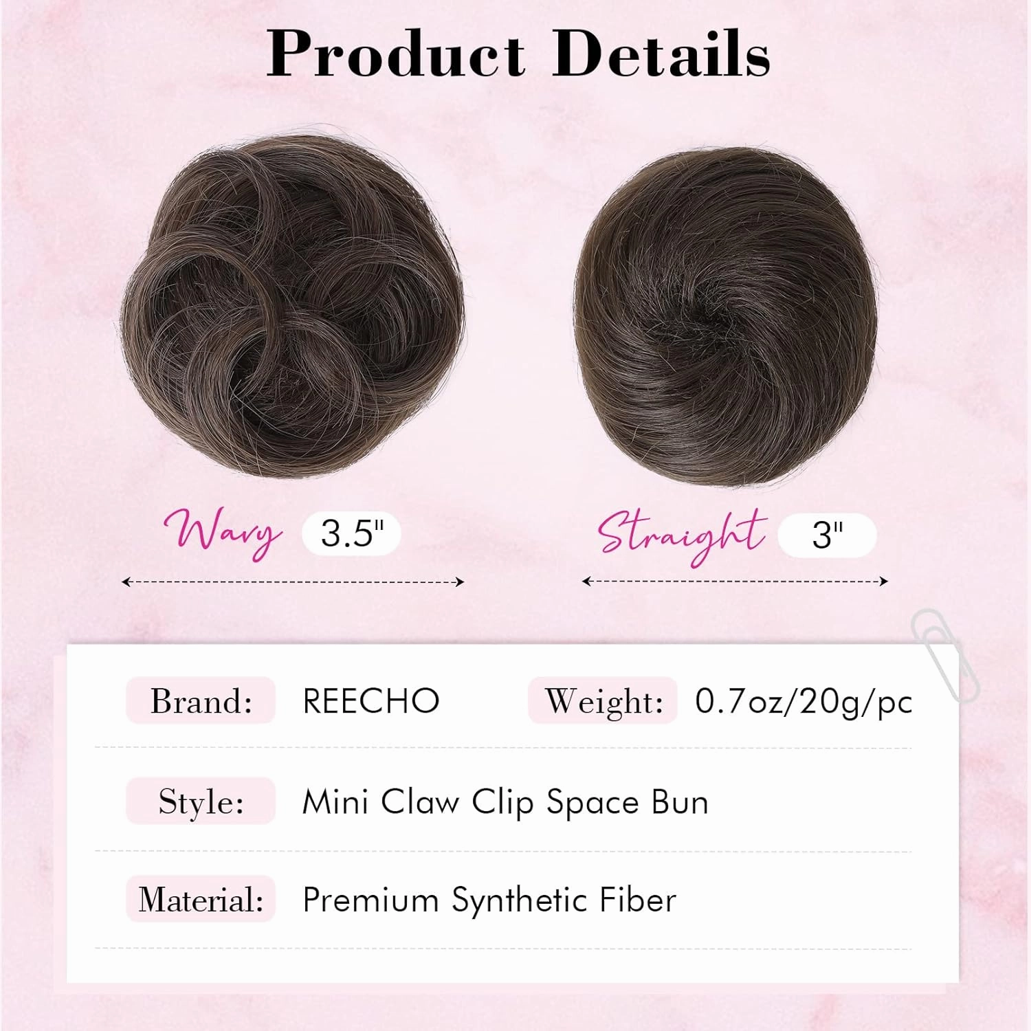 REECHO Space Bun Hair Pieces, 2 PCS Mini Claw Clip in Messy & Cat Ears Fake Hair Bun Extensions HB001 Wig Accessory Updo Hairpieces -Pack of 2-3" Straight, Ash Brown with Blonde Tips
