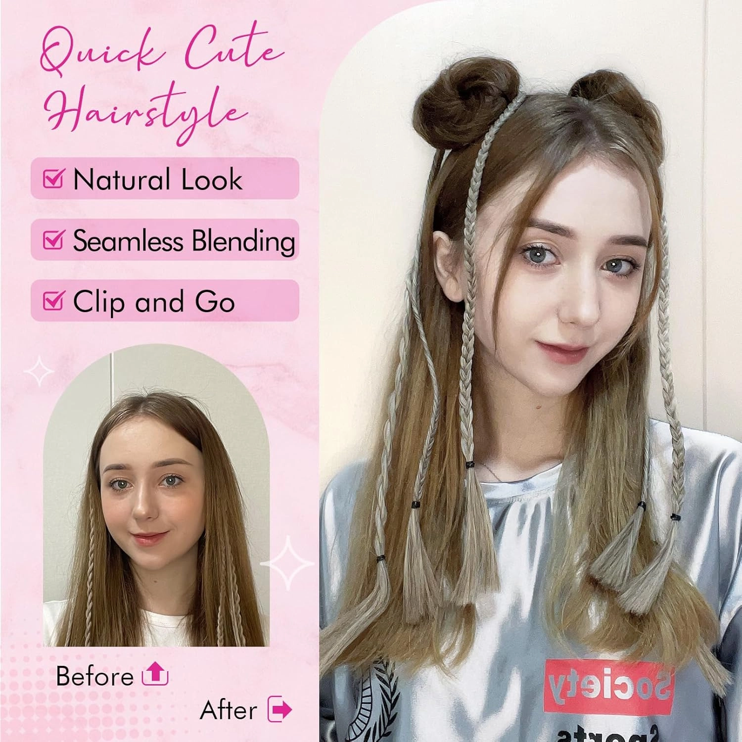 REECHO Space Bun Hair Pieces, 2 PCS Mini Claw Clip in Messy & Cat Ears Fake Hair Bun Extensions HB001 Wig Accessory Updo Hairpieces -Pack of 2-3" Straight, Ash Brown with Blonde Tips