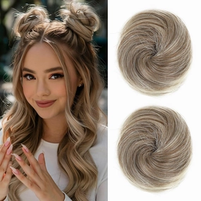 REECHO Space Bun Hair Pieces, 2 PCS Mini Claw Clip in Messy & Cat Ears Fake Hair Bun Extensions HB001 Wig Accessory Updo Hairpieces -Pack of 2-3" Straight, Ash Brown with Blonde Tips