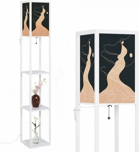 reflection water boho abstract hand drawn Minimalist surreal poster Floor Lamps with Shelves, Modern Standing Lamp Narrow Corner Display Bookshelf Lamp for Living Room, Bedroom, Office Decor