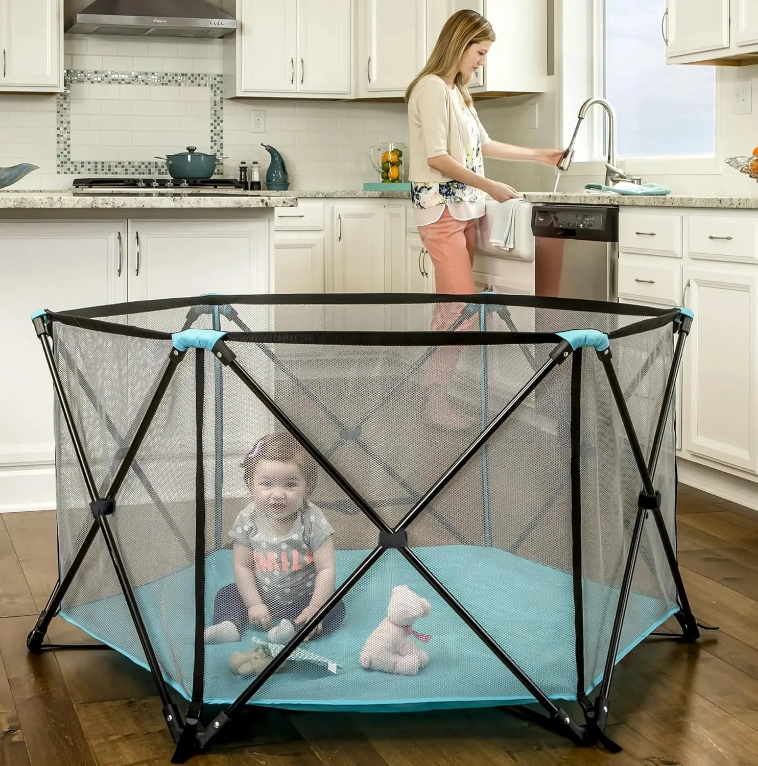 Regalo My Portable Play Yard Indoor and Outdoor, Washable, Aqua, 6-Panel, 48 Inch