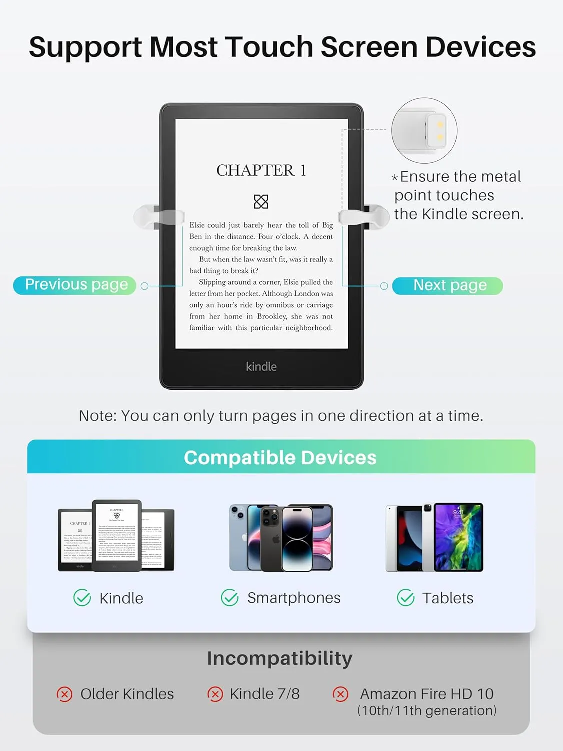 Remote Control Page Turner [Case Friendly] for Kindle Paperwhite Oasis Kobo eReaders, Kindle Accessories Clicker for Remote Photo & Video, Reading Novels/Comics for iPhone iPad Android Tablet -White