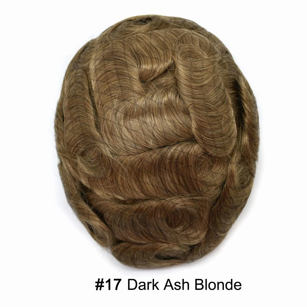 RESHE Mens Hair System Ultra Thin Skin Toupee For Men Transparent Super Thin Poly V-Looped Hair Piece For Men Toupee Protesis Capilar Para Hombre8x10#17 DARK ASH BLONDE 90% Light density