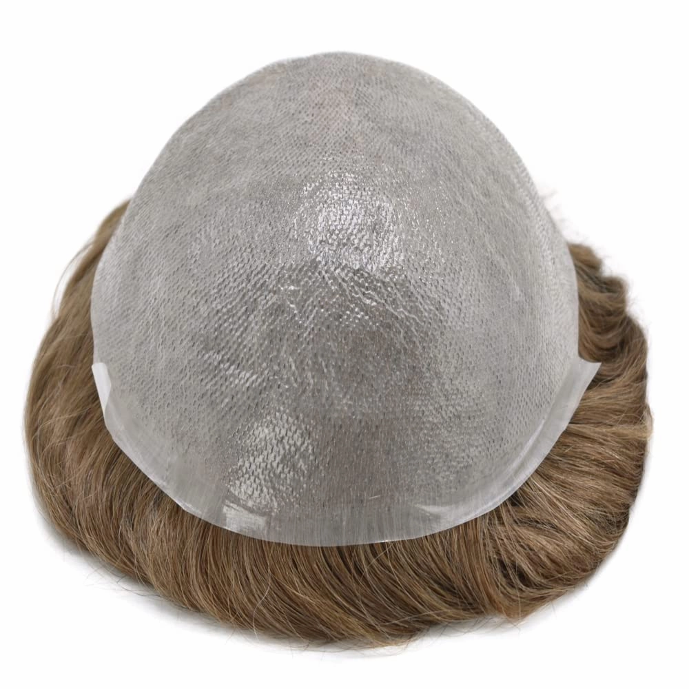RESHE Mens Hair System Ultra Thin Skin Toupee For Men Transparent Super Thin Poly V-Looped Hair Piece For Men Toupee Protesis Capilar Para Hombre8x10#17 DARK ASH BLONDE 90% Light density