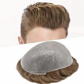 RESHE Mens Hair System Ultra Thin Skin Toupee For Men Transparent Super Thin Poly V-Looped Hair Piece For Men Toupee Protesis Capilar Para Hombre8x10#17 DARK ASH BLONDE 90% Light density