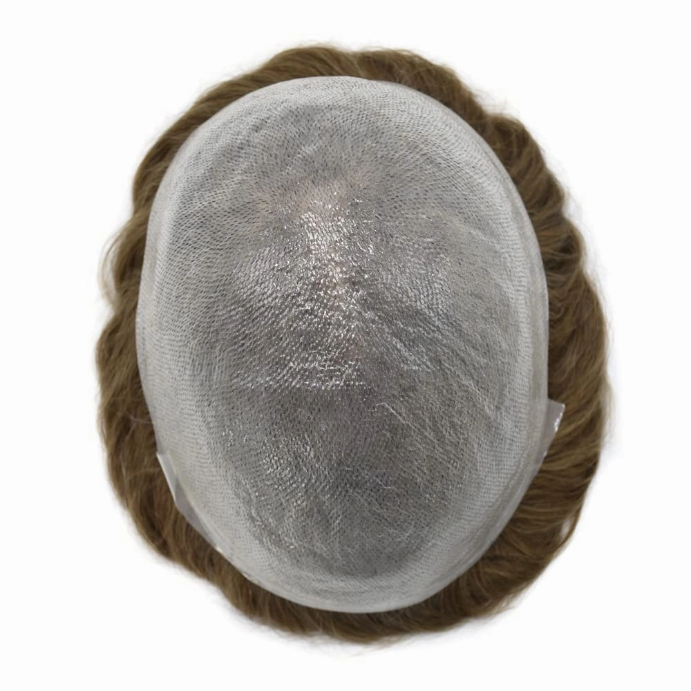 RESHE Mens Hair System Ultra Thin Skin Toupee For Men Transparent Super Thin Poly V-Looped Hair Piece For Men Toupee Protesis Capilar Para Hombre8x10#17 DARK ASH BLONDE 90% Light density