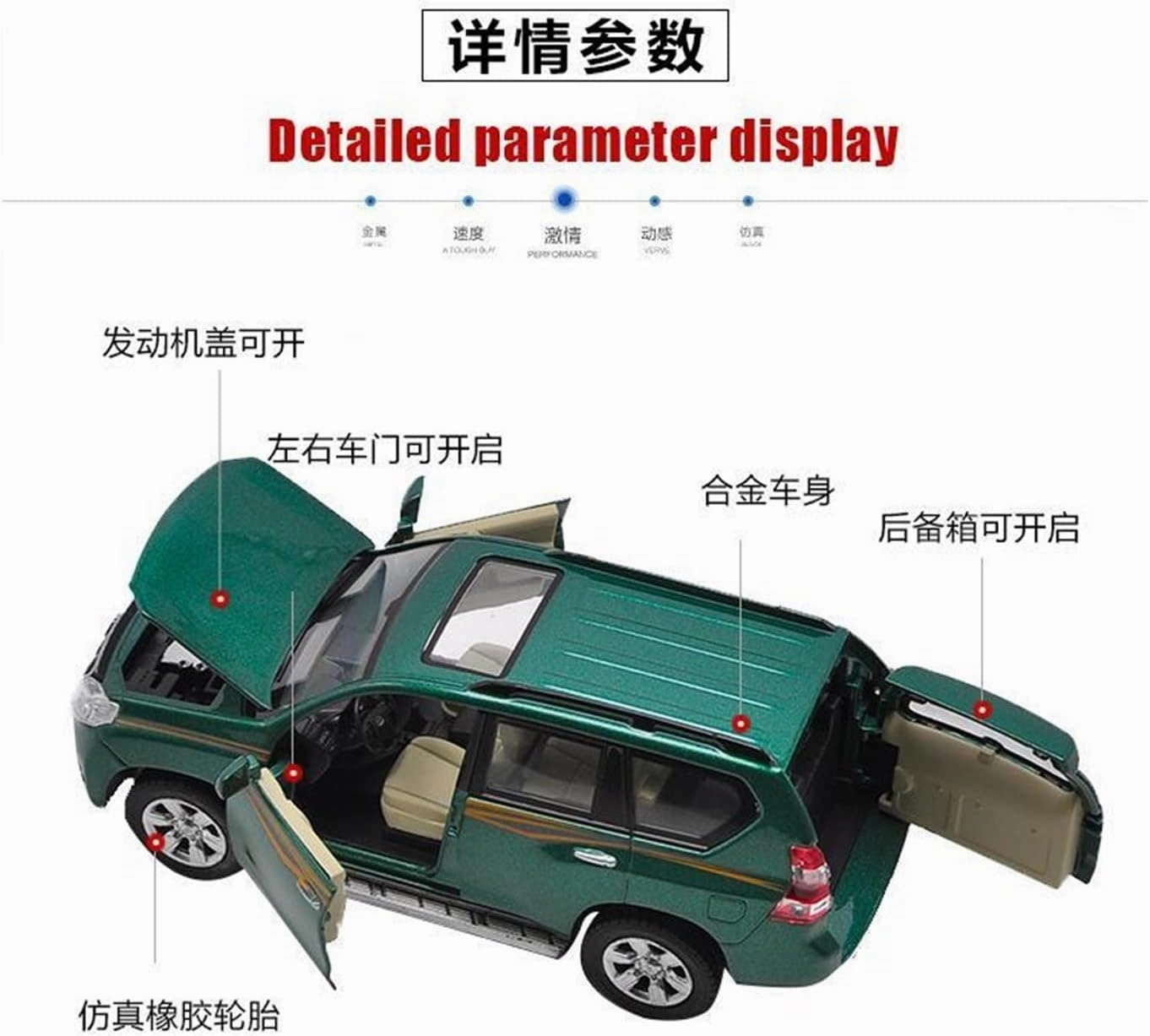 Resin Car Vehicle Model Fit for Toyota Land Cruiser Prado 1 32 Alloy Car Model Pull Back Off-Road Vehicle Children's Toy Ornament Festive Deluxe Gift (Size : Green)
