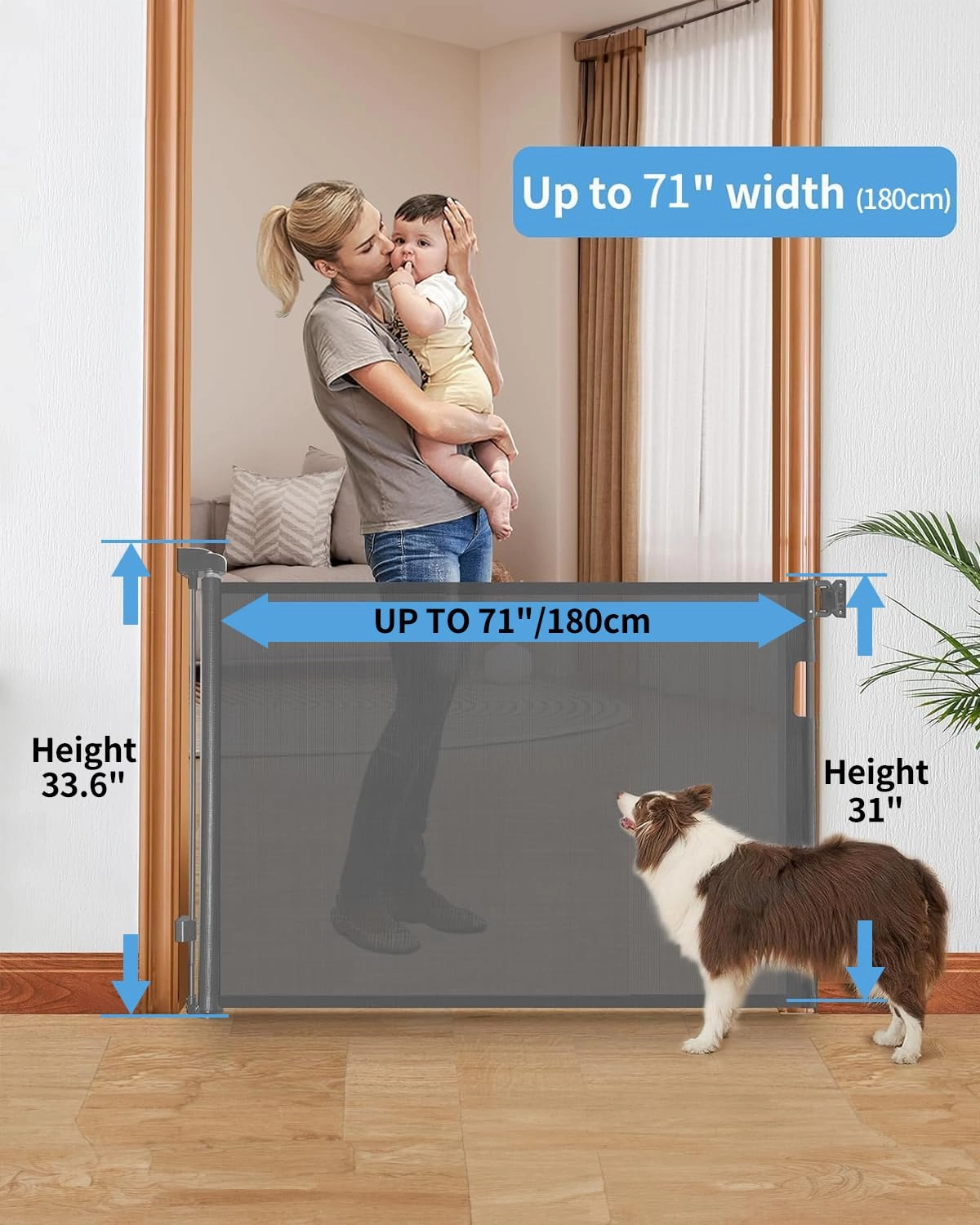 Retractable Baby Gate,Mesh Baby Gate or Mesh Dog Gate,33" Tall,Extends up to 55" Wide,Child Safety Gate for Doorways, Stairs, Hallways, Indoor/Outdoor（Grey,33"x55"