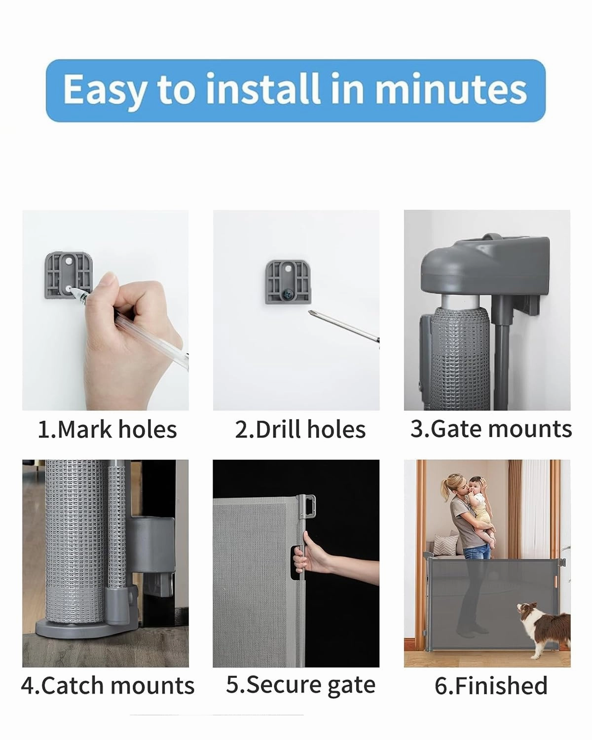 Retractable Baby Gate,Mesh Baby Gate or Mesh Dog Gate,33" Tall,Extends up to 55" Wide,Child Safety Gate for Doorways, Stairs, Hallways, Indoor/Outdoor（Grey,33"x55"