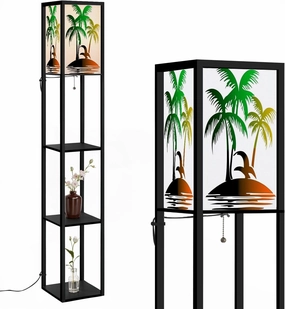 Retro Dolphins Palm Trees Beach Scene Retro Sunset Wavy Floor Lamps with Shelves, Modern Standing Lamp Narrow Corner Display Bookshelf Lamp for Living Room, Bedroom, Office Decor