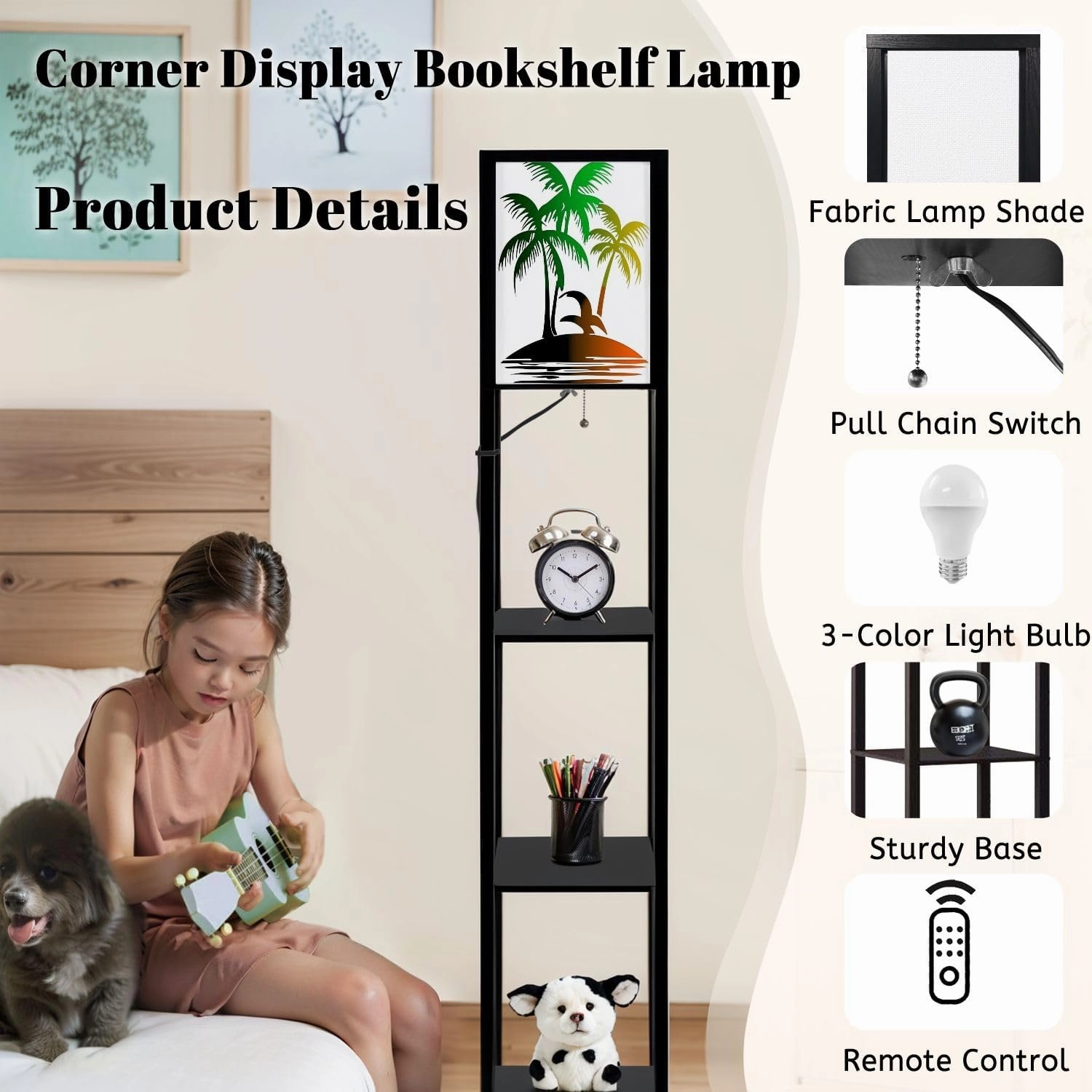 Retro Dolphins Palm Trees Beach Scene Retro Sunset Wavy Floor Lamps with Shelves, Modern Standing Lamp Narrow Corner Display Bookshelf Lamp for Living Room, Bedroom, Office Decor