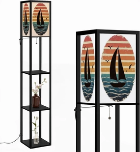 Retro Sunset Ship Outdoor Art Cruise Ship Vintage Sunset Boat Graphic Floor Lamps with Shelves, Modern Standing Lamp Narrow Corner Display Bookshelf Lamp for Living Room, Bedroom, Office Decor