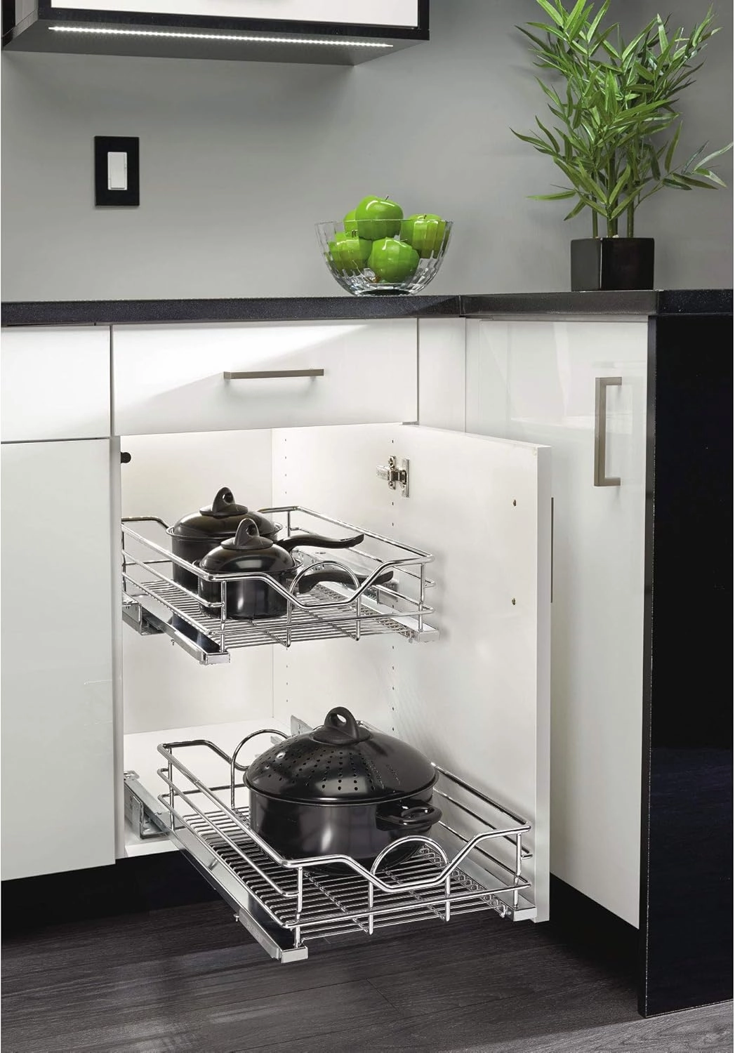 Rev-A-Shelf Single Steel Pullout Organizer for Base Kitchen/Bathroom Cabinets, Wire Storage Basket w/Soft-Close, Chrome, 14.5 x 21.74 In, 5730-15CR