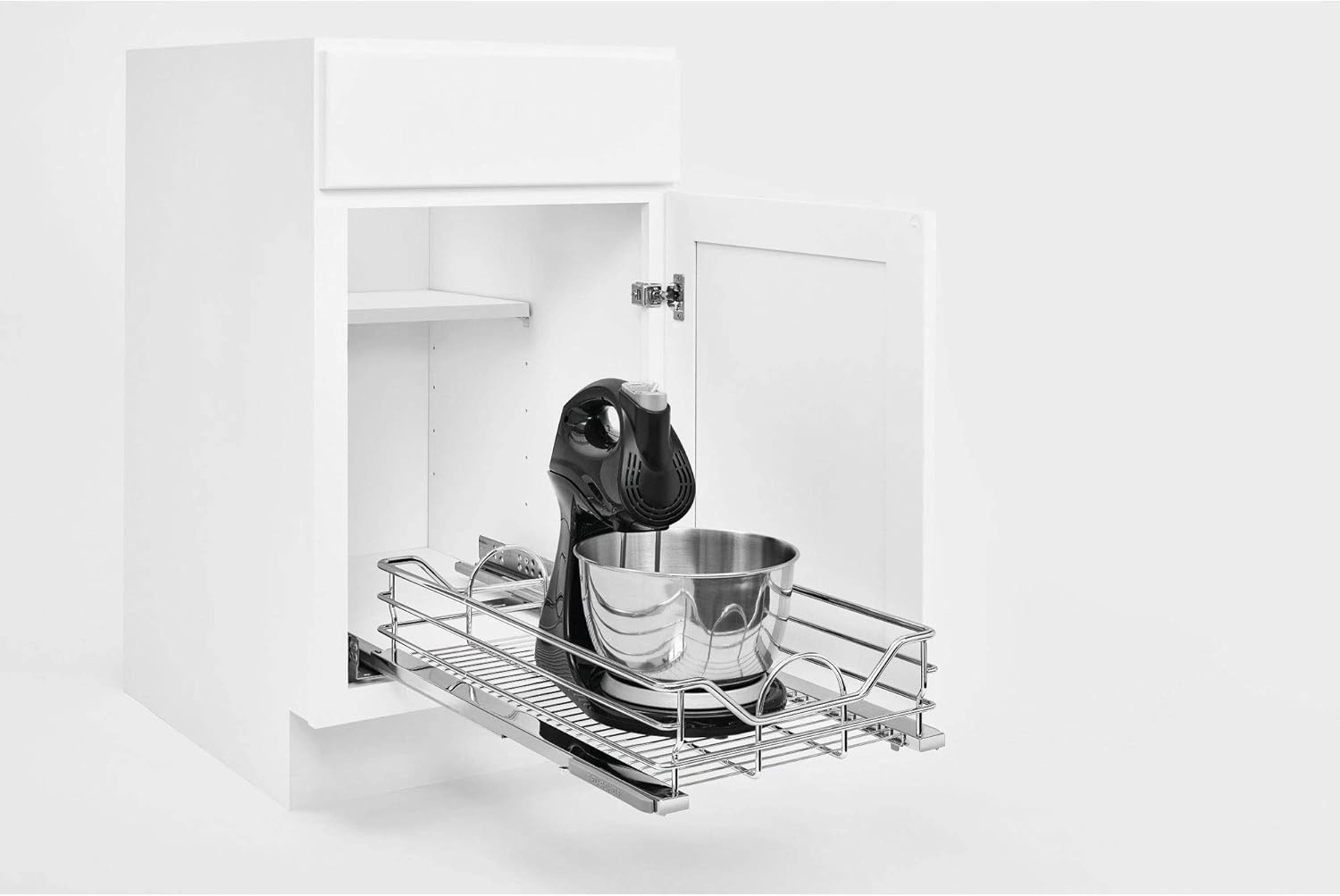 Rev-A-Shelf Single Steel Pullout Organizer for Base Kitchen/Bathroom Cabinets, Wire Storage Basket w/Soft-Close, Chrome, 14.5 x 21.74 In, 5730-15CR