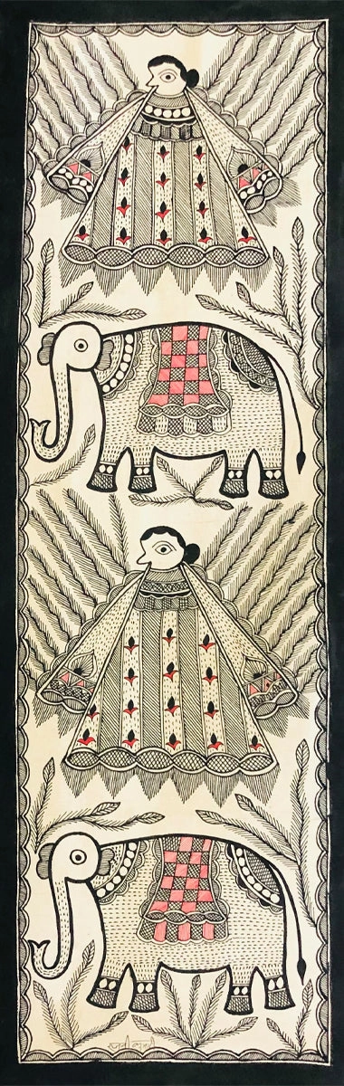 Rhythmic Reverie: An Intricate Madhubani Journey, Madhubani Painting by Ambika Devi