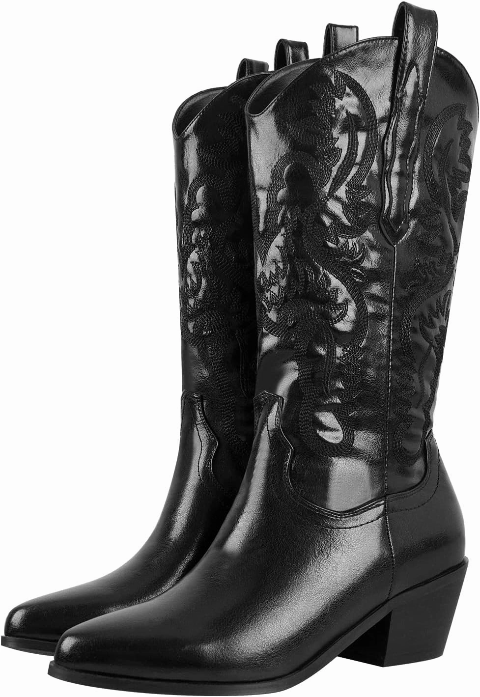 richealnini Cowboy Boots for Women Embroidered Pull-On Mid Calf Booties