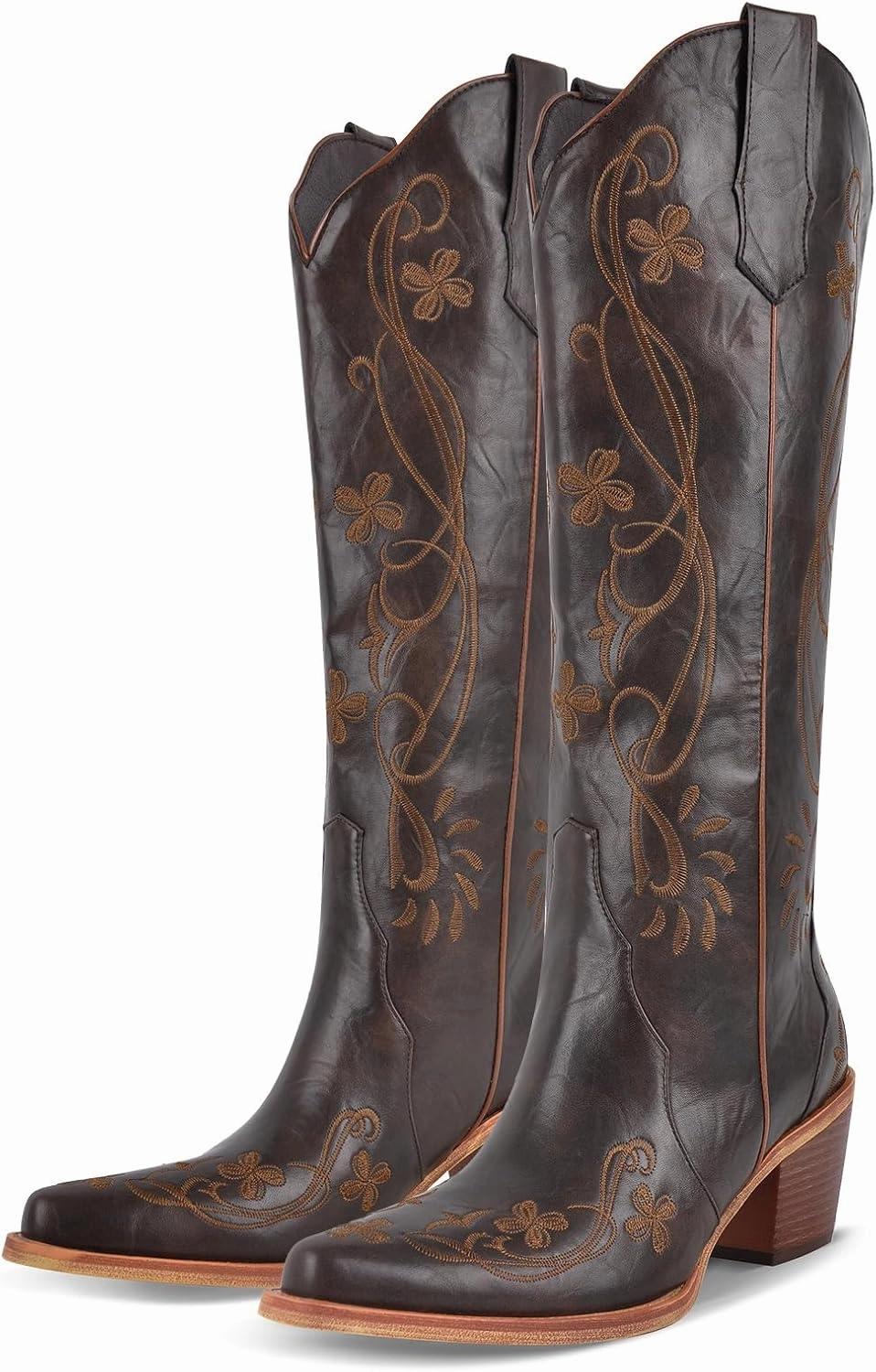 richealnini Women's Western Cowboy Boots Pull-On Tab Embroidered Knee High Booties Fashion Cowgilr Boots