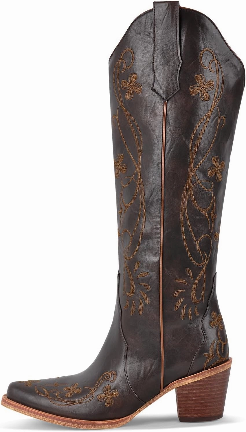 richealnini Women's Western Cowboy Boots Pull-On Tab Embroidered Knee High Booties Fashion Cowgilr Boots