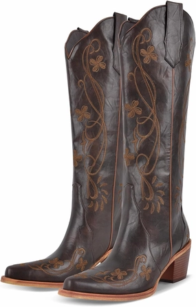 richealnini Women's Western Cowboy Boots Pull-On Tab Embroidered Knee High Booties Fashion Cowgilr Boots