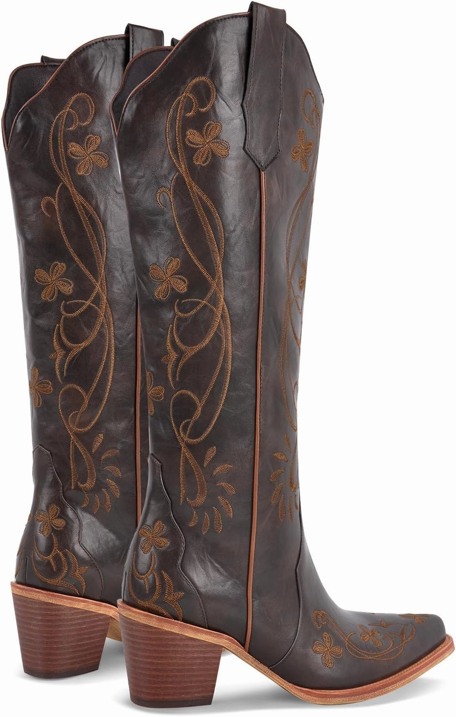 richealnini Women's Western Cowboy Boots Pull-On Tab Embroidered Knee High Booties Fashion Cowgilr Boots