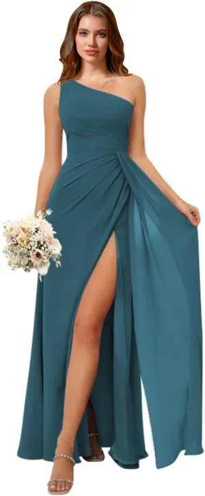 Rjer One Shoulder Bridesmaid Dresses for Women Long Ruched Chiffon A Line Formal Evening Dress with Slit