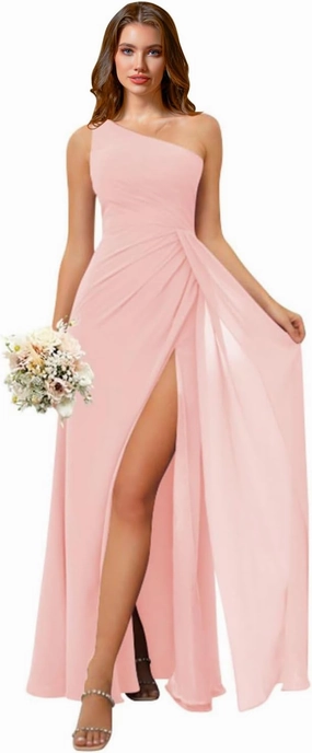 Rjer One Shoulder Bridesmaid Dresses for Women Long Ruched Chiffon A Line Formal Evening Dress with Slit