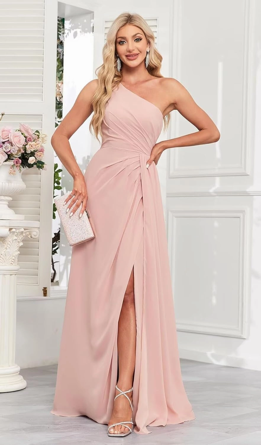 Rjer One Shoulder Bridesmaid Dresses for Women Long Ruched Chiffon A Line Formal Evening Dress with Slit