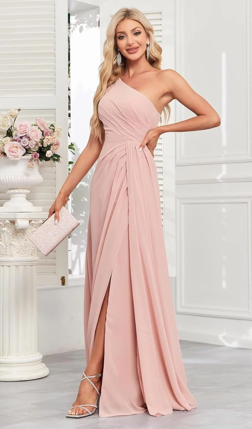 Rjer One Shoulder Bridesmaid Dresses for Women Long Ruched Chiffon A Line Formal Evening Dress with Slit