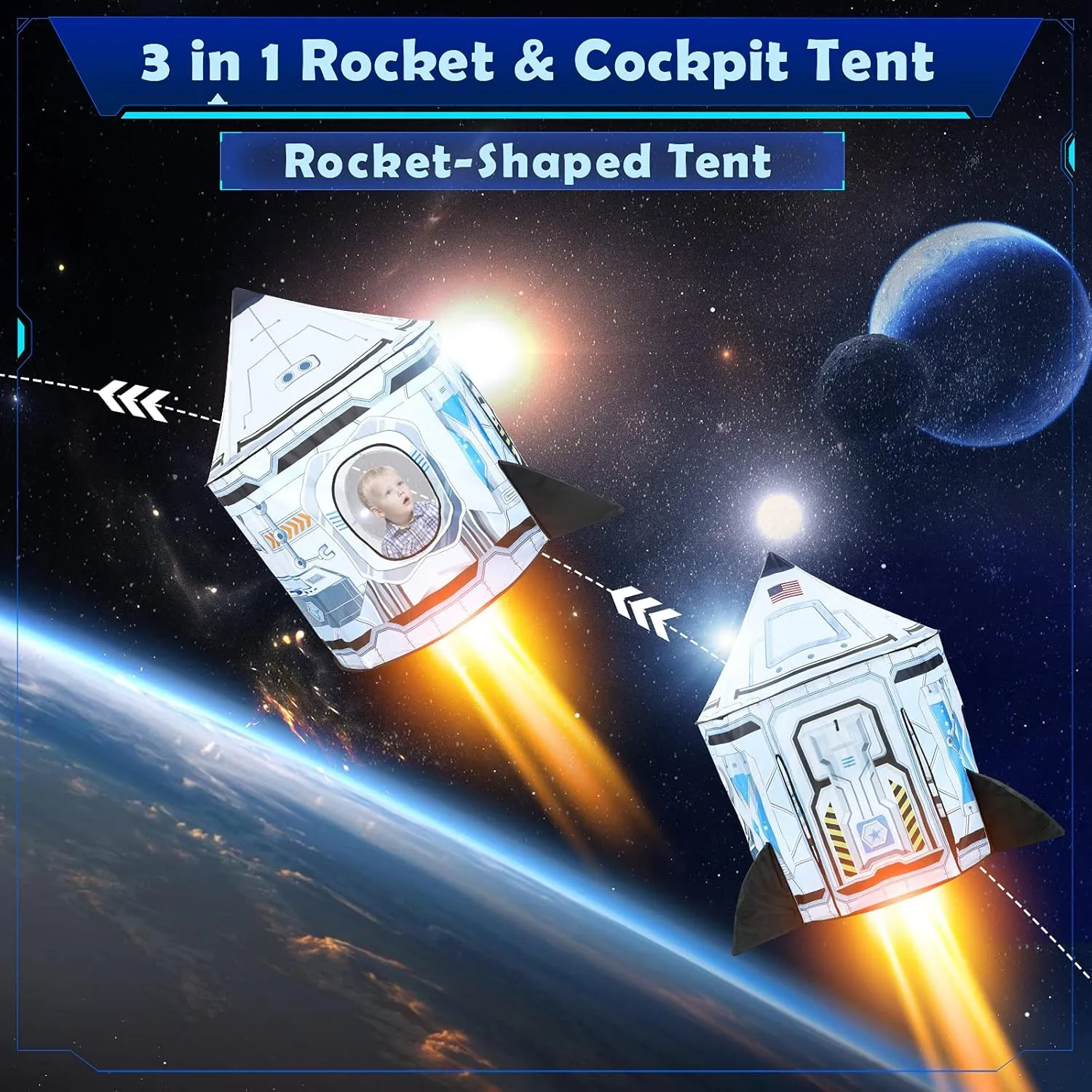 Rocket Ship Kids Play Tent: 3Pcs Toddlers Pop Up Ball Pit and Play Tunnel for Indoor Outdoor, Spaceship Baby Playhouse Toys for 1-3 Year Old Boys Girls (3 in 1 Kids Tent)