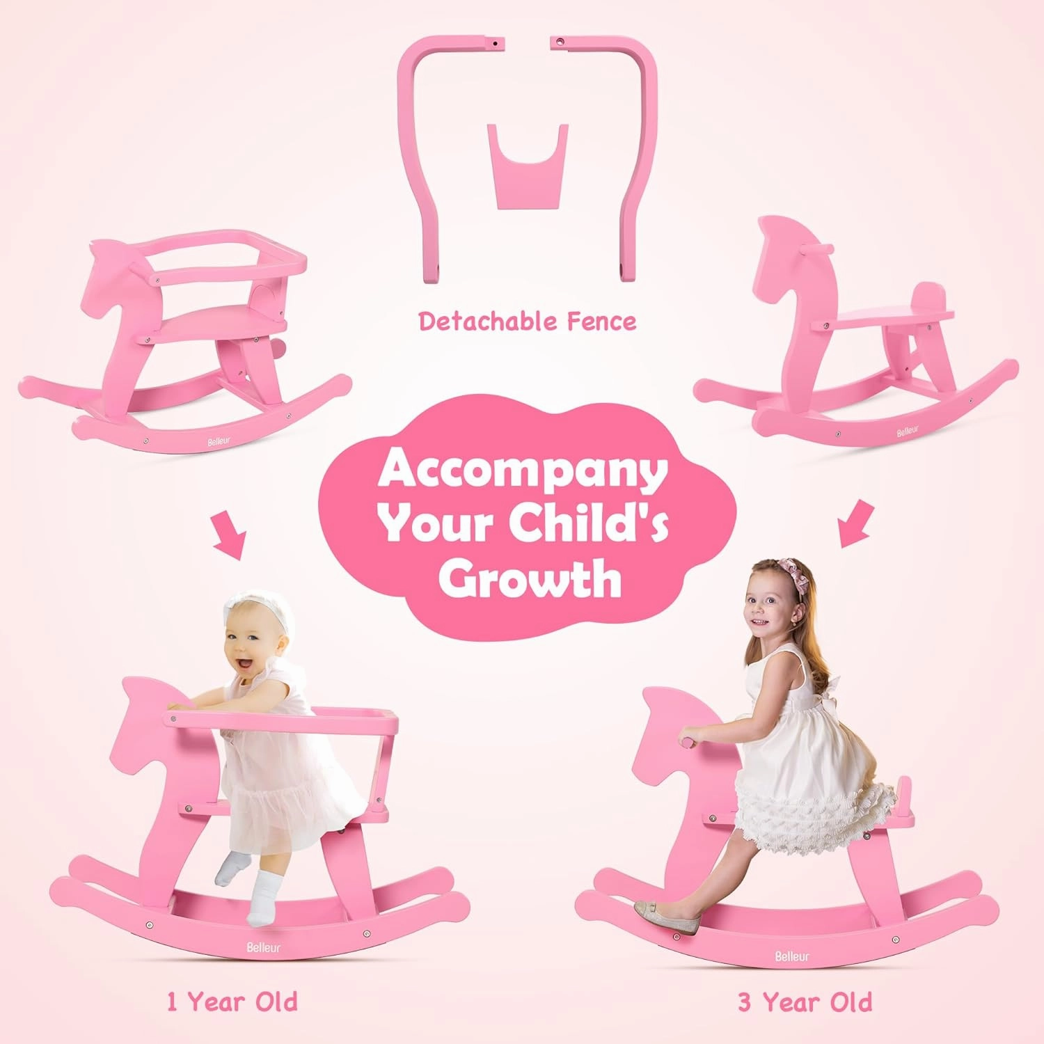 Rocking Horse for Kids 1-3 Years Old, Wooden Rocking Toy for Toddlers with Removable Fence for Indoor & Outdoor Activities, Baby Horse Riding Toy for Birthday & Visit Gifts