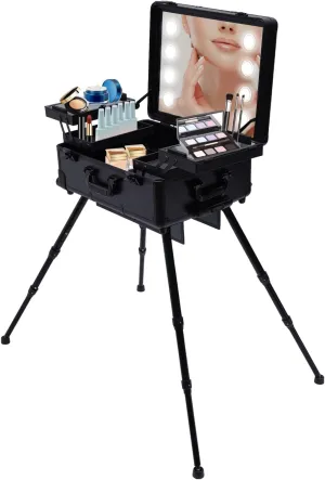 Rolling Makeup Case Makeup Case 8 Led Lights, Makeup Case Hair Tattoo Nail Bar With Light Makeup Case, Can Support The Use Of Makeup Case, With Mirror (Black)