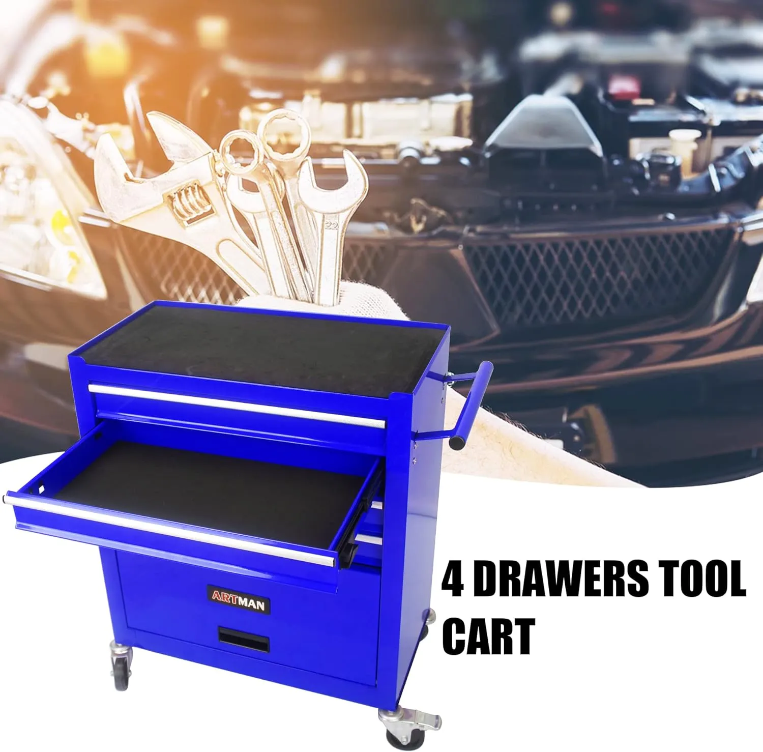 Rolling Tool Chest With Wheels - 4-Drawer Metal Cabinet, Portable Craftsman Toolbox, Multifunctional Cart, Navy Blue