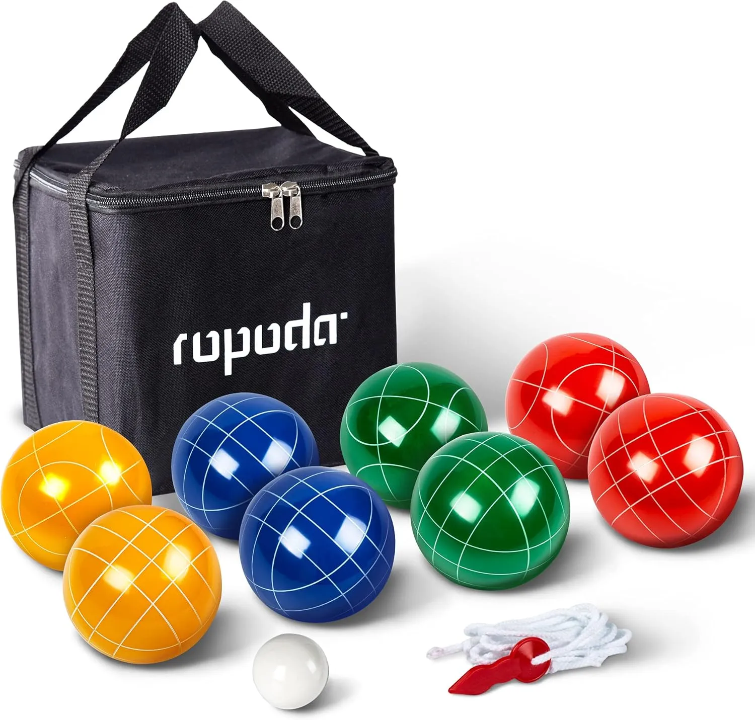 ropoda 90mm Bocce Ball Set with 8 Polyresin Balls, Pallino, Case and Measuring Rope for Backyard/Lawn/Beach/Outdoor, Resin Bocce Ball for Kids Teens Beginners(2 to 8 Players)