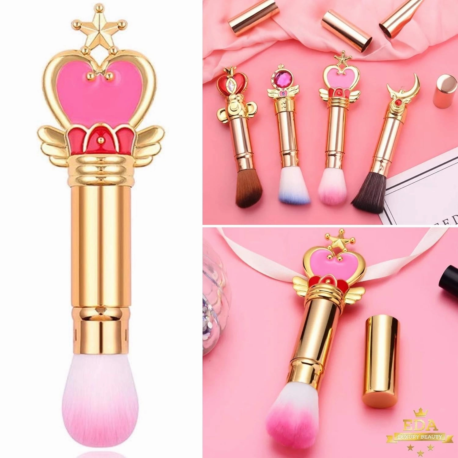 Round Retractable Makeup Brush With Cover - Liquid, Cream, Powder, Foundation, Blush, Bronzer - Premium Bristles Contouring & Blending Skin, Portable Vegan Face Kabuki Brush (Royal Heart, Full)