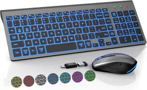 SABLUTE Wireless Keyboard and Mouse Combo Backlit - Compact Quiet Keyboard with RGB Mouse, Rechargeable, Slim, Sleep Mode, Portable Cordless Keyboard Mouse Set for Mac, Windows, Laptop (Space Gray)