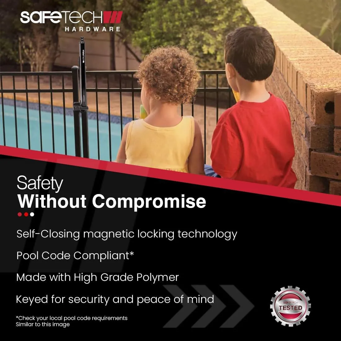 Safetech Hardware 22-inch Push Lock Magnetic Top Pull Pool Gate Latch - Key Lockable | Pool Gate Safety Latch | Vertical Self-Locking Latch | Vinyl & Aluminum/Metal Gates, Any Square Post | SL-50TRI