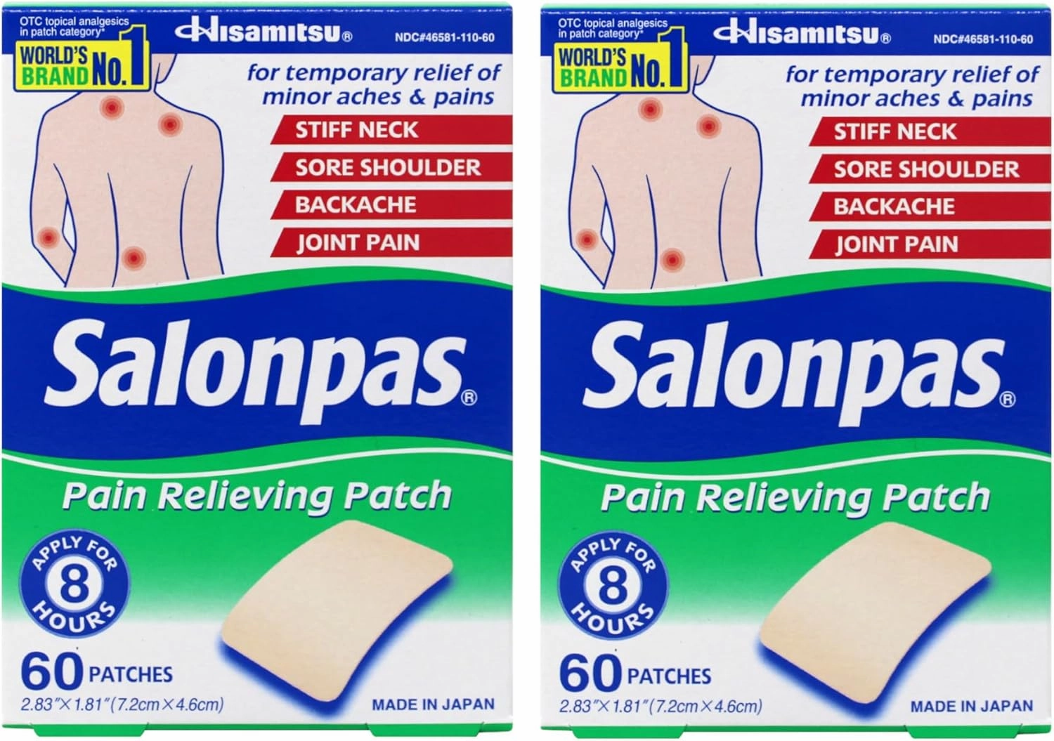 Salonpas Pain Relieving Patch, Extra Strength Topical Analgesic, 60 Ct (Pack of 2)
