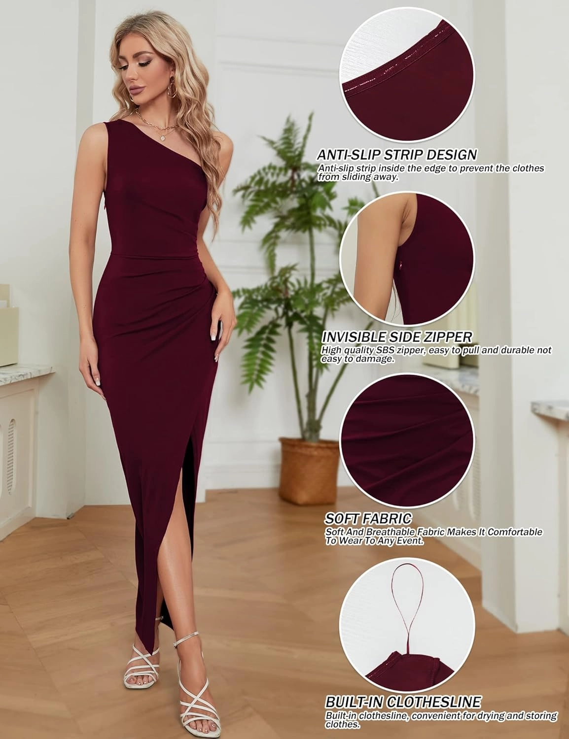 Sarin Mathews Womens One Shoulder Long Formal Dress Sexy Summer Sleeveless Bodycon Ruched Wrap Split Cocktail Dresses