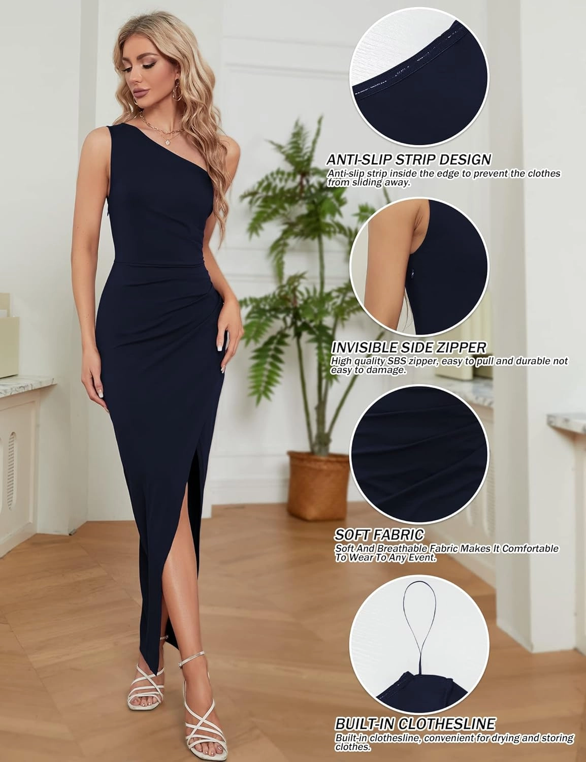 Sarin Mathews Womens One Shoulder Long Formal Dress Sexy Summer Sleeveless Bodycon Ruched Wrap Split Cocktail Dresses