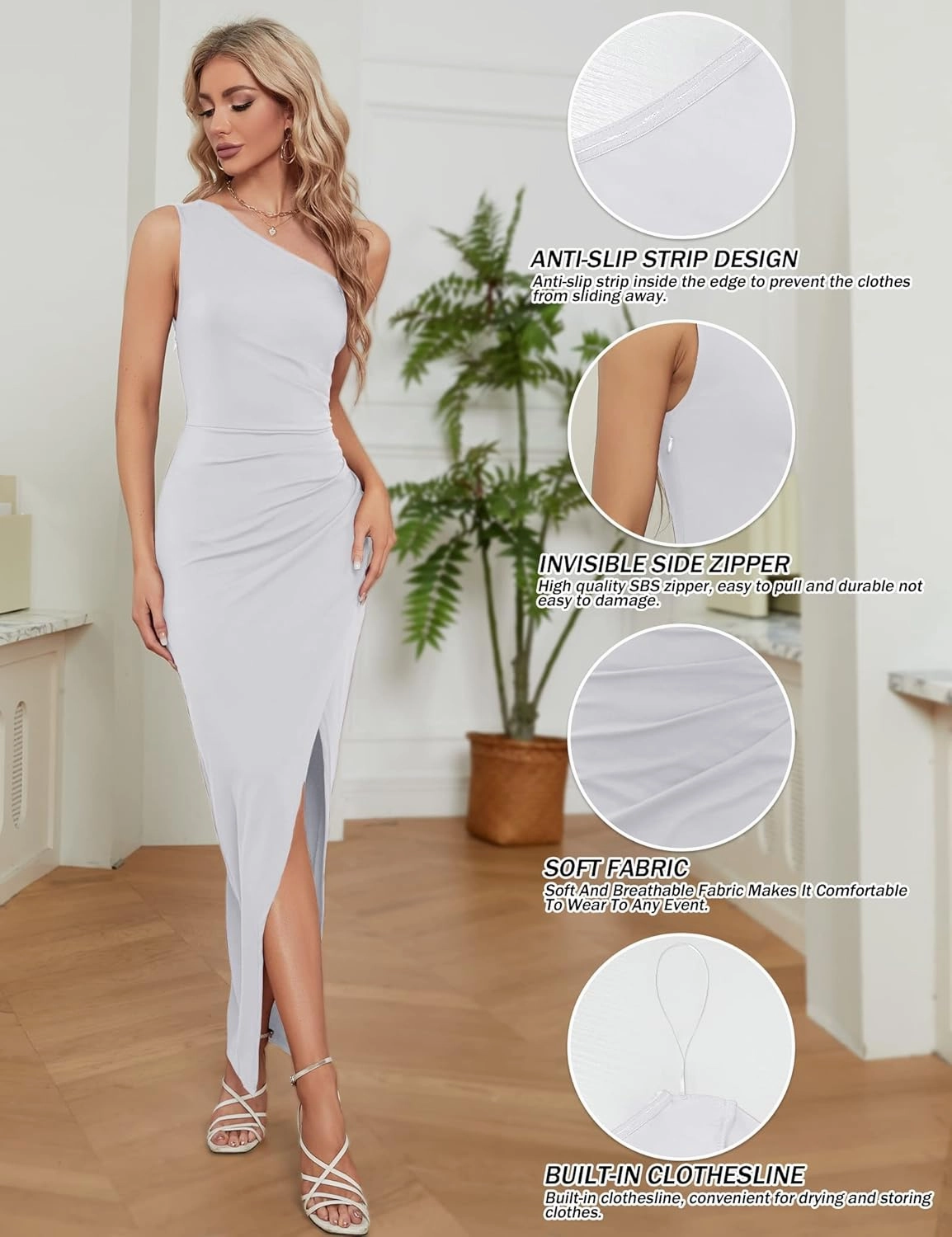 Sarin Mathews Womens One Shoulder Long Formal Dress Sexy Summer Sleeveless Bodycon Ruched Wrap Split Cocktail Dresses
