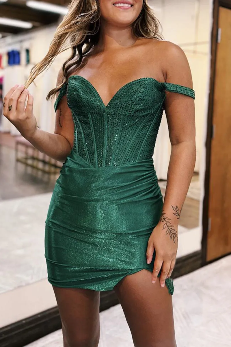 Satin Homecoming Dress Fitted Off Shoulder Ruched Delicate Beading Short Party Cocktail Dress