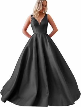 Satin A Line Prom Dresses for Bride V Neck Prom Dresses with Pockets Simple Long Ball Gowns