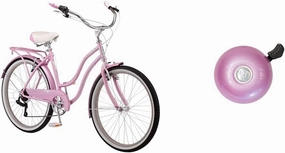 Schwinn Perla 18-Inch Step-Through Steel Frame 7-Speed Pink Cruiser Bike Bundle with Firmstrong Classic Pink Bicycle Bell