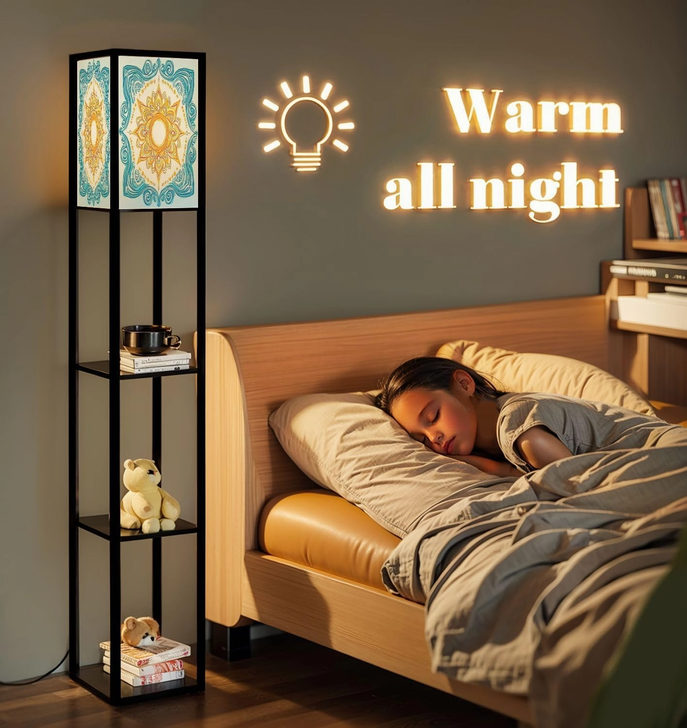 Sea Frame Sun Floor Lamps with Shelves, Modern Standing Lamp Narrow Corner Display Bookshelf Lamp for Living Room, Bedroom, Office Decor