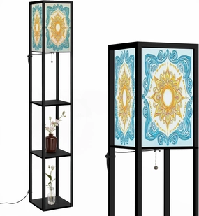 Sea Frame Sun Floor Lamps with Shelves, Modern Standing Lamp Narrow Corner Display Bookshelf Lamp for Living Room, Bedroom, Office Decor