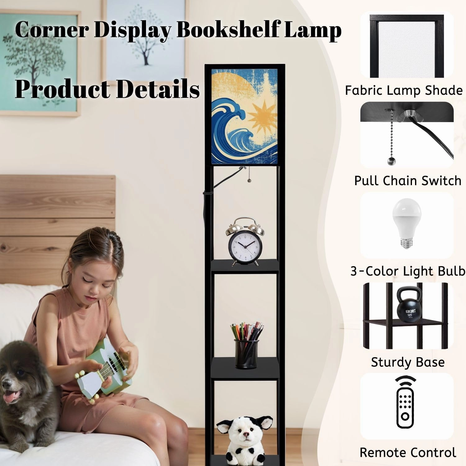 Sea Waves Grunge sea Landscape Raster Floor Lamps with Shelves, Modern Standing Lamp Narrow Corner Display Bookshelf Lamp for Living Room, Bedroom, Office Decor