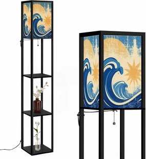 Sea Waves Grunge sea Landscape Raster Floor Lamps with Shelves, Modern Standing Lamp Narrow Corner Display Bookshelf Lamp for Living Room, Bedroom, Office Decor